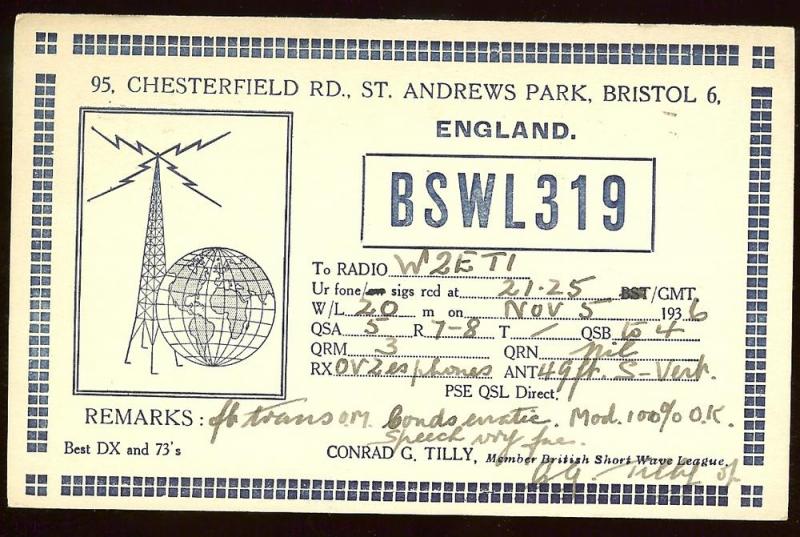 QSL from England BSWL319 to New Jersey W2ETI, 1936