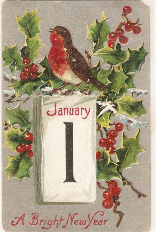 Bird singing. Holly. Calendar sheet Tuck New Year Greetings PC # 2663