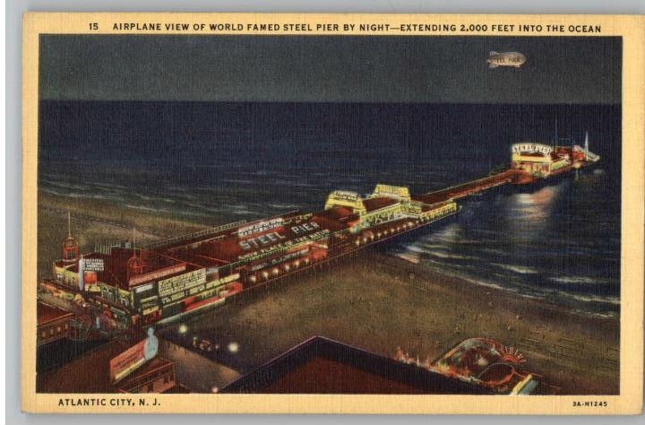 Linen Postcard-Steel Pier at Night-Atlantic City,NJ