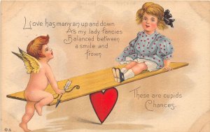 J58/ Valentine's Day Love Holiday Postcard c1910 Seesaw Cupid 135