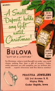 Postcard Bulova Watches and Jewelry Prastka Jewelers Cedar Rapids Iowa~139946