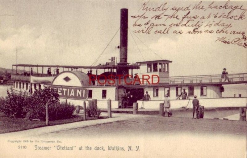 pre-1907 STEAMER OTETIANI AT THE DOCK, WATKINS, N.Y. 1906