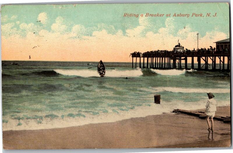 Riding a Breaker at Asbury Park NJ New Jersey c1915 Vintage Postcard O06