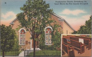 Postcard Presbyterian Church Gettysburg PA Showing Pew Lincoln Occupied