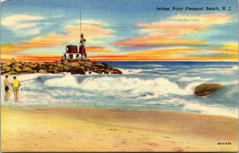 Vtg 1950s Jetties Manasquan Inlet Point Pleasant Beach New Jersey Linen Postcard