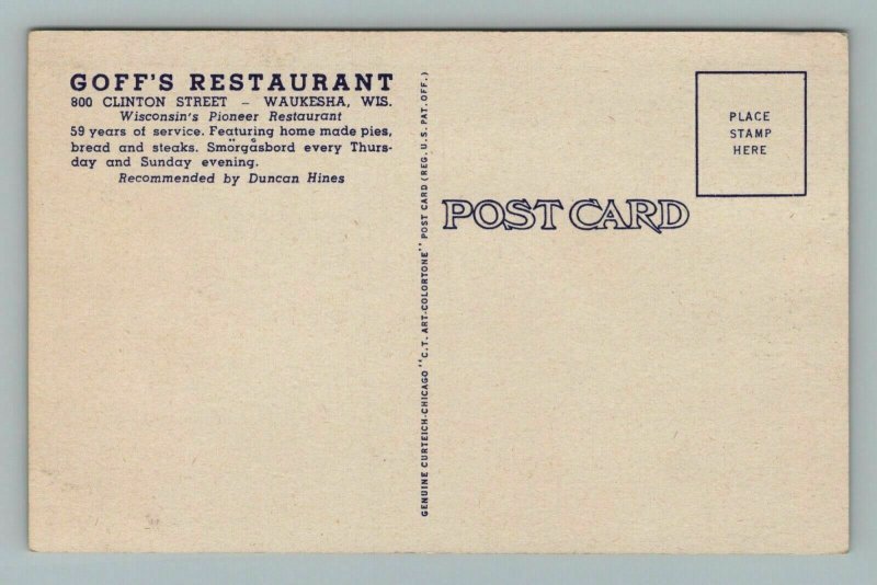 Goff's Restaurant, Waukesha, Wisconsin Postcard 