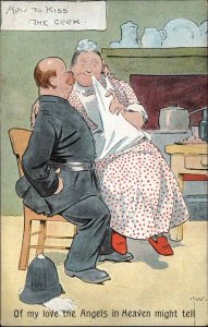 Fat Woman Cook Sits on Policeman Cop Lap c1910 Vintage Postcard