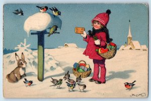 c1910's Child Girl Gifts On Basket Birds And Rabbit Winter Signed Postcard