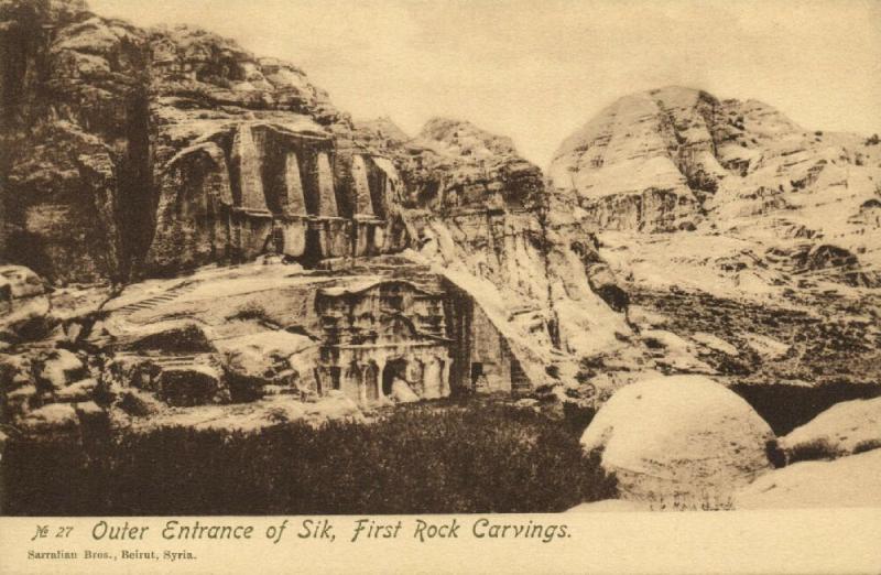 jordan, PETRA, First Rock Carvings, Outer Entrance of Sik (1920s) Sarrafian 27