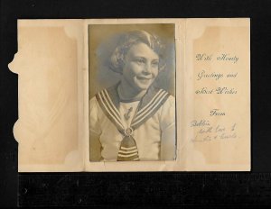 #7 R.P.P.C. Girl in Sailor Outfit Anchor & Boat Wheel X Mas 1939 plus folder