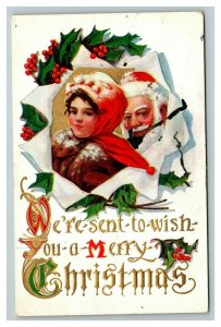 Vintage 1910's Christmas Postcard Santa Claus with Young Girl Mistletoe