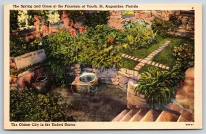 St Augustine Florida~Spring & Cross @ Fountain of Youth~Vintage Linen Postcard
