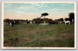 Emporia Kansas~Stacking Alfalfa~Farming~Horse~1920s Fred Harvey Postcard