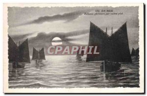Old Postcard With Sea Boat fishermen dead calm