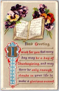 1913 Thanksgiving Fond Greeting Pansies Flowers Wishing Card Posted Postcard