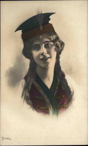 Beautiful Woman Polish Costume Krakow Poland on Back Tinted RPPC Postcard