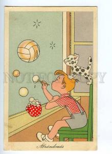 189851 CAT Boy w/ soap bubbles FOOTBALL by LASZLO old color PC