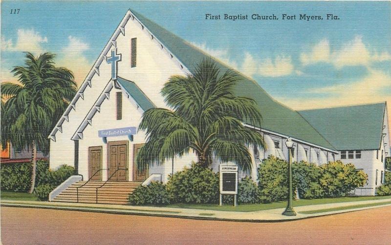 Fort Myers Florida~First Baptist Church~1930's Linen Postcard 