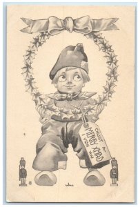 c1910's Christmas Dutch Boy With Tag Holly Berries Whreat Wall Antique Postcard