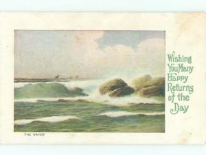 Unused Pre-1907 MANY HAPPY RETURNS - WAVES CRASH AGAINST ROCKS o3021