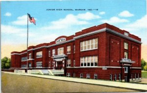 Postcard IN Warsaw Junior High School American Flag LINEN 1940s S11