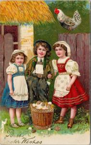 Best Easter Wishes 3 Young Girls Eggs Chicken Gel Brillant c1910 Postcard D98