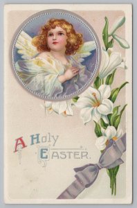 EasterAngel In Silver CircleGossamer GownLiliesRibbonEmbossedIAPC1910 PC