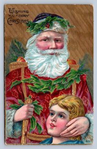J87/ Santa Claus Christmas Postcard c1910 Holly Child WOW! 513