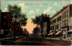 Elm Street Looking South, Westfield MA c1911 Business District Vtg Postcard U16