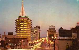 Vine Street Scene HOLLYWOOD, CA Capitol Records Night View 1959 Vintage Postcard