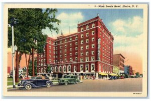 c1930's Mark Twain Hotel Building Cars Scene Elmira New York NY Vintage Postcard