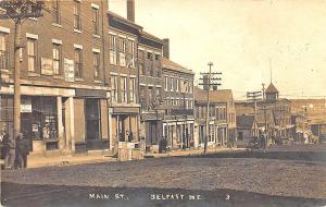 Belfast ME Main Street Store Fronts Horse & Wagon RPPC Postcard