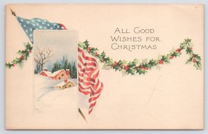 Holiday~US Flag Home & Holly Arch All Good Wishes Christmas~Vintage Postcard