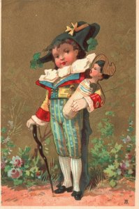 1880s-90s Young Child Dressed in Uniform Carrying Doll with Cain Gold Background