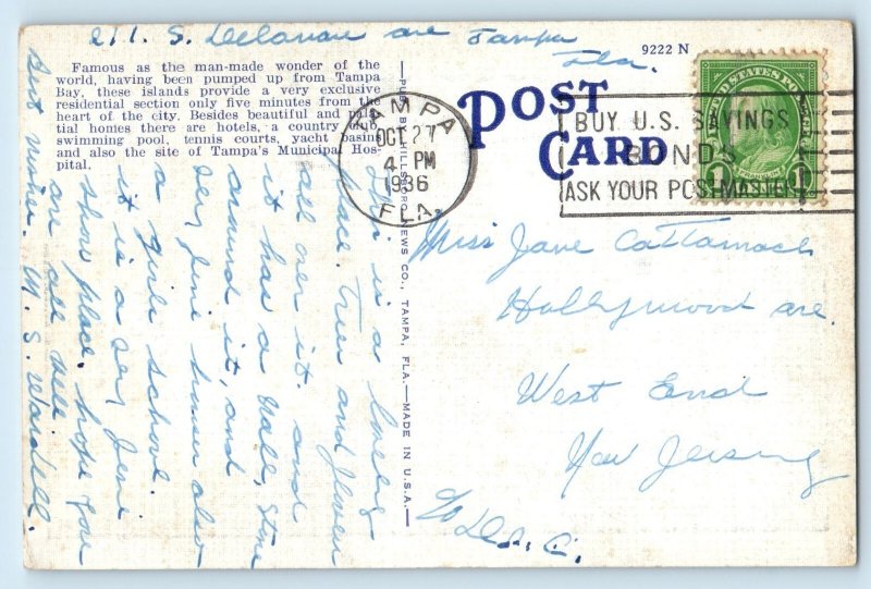 1936 Tampa Florida Vintage Postcard Davis Islands Street Road Classic Car Posted