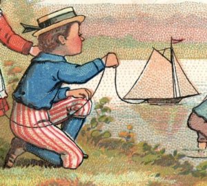 1870s-80s J&P Coats Six Cord Thread Children Toy Sailboats Spool Lake F164