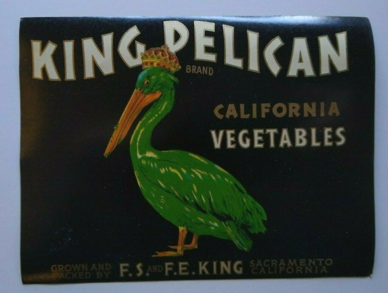 King Pelican Humanized With Crown Vegetable Crate Label Vintage Original 1930's