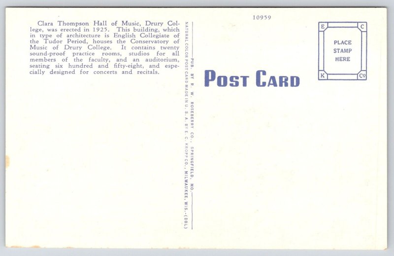 Drury College Springfield Muissouri Clara Thompson Hall of Music Bldg. Postcard