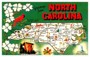 Postcard ND Map - North Carolina pictoral map card with state flower and bird