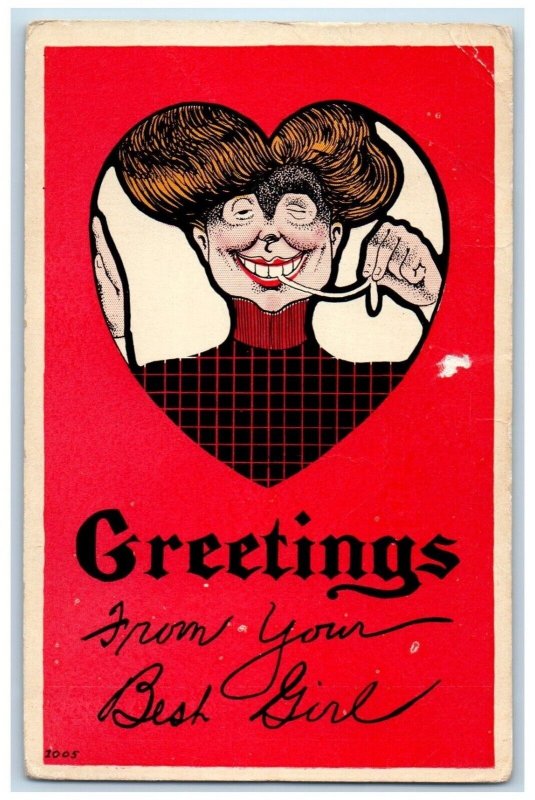 Braham Minnesota MN Postcard Greetings Heart Ugly Woman Chewing Gum 1909 Antique
