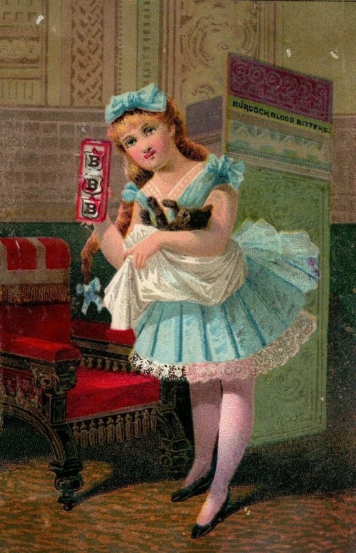 1870s-80s Burdock Blood Bitters Girl Holding Box & Kitten Cat Trade Card F20 