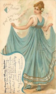 c1904 Huld Postcard; Columbia College Girl in Blue Dress, H'ray H'ray COLUMBIA