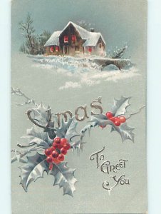 Pre-Linen christmas SNOW-COVERED HOUSE IN BRIDGE WITH WHITE HOLLY HQ6771