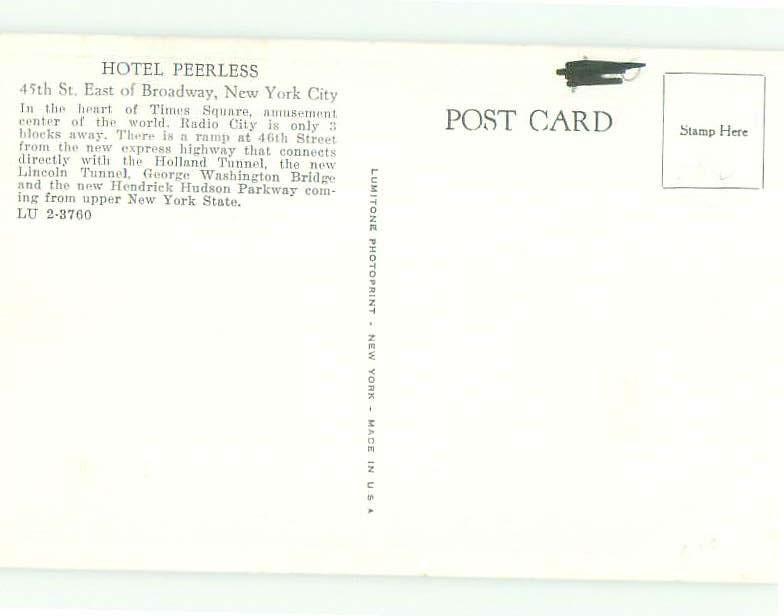 Unused Pre-1980 PEERLESS HOTEL New York City NY hr6371