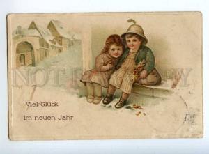 240936 NEW YEAR Beggar Kids w/ Bag Coins Vintage EMBOSSED PC