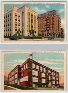 2 Postcards CLARKSBURG, West Virginia WV ~ COURT HOUSE & HIGH SCHOOL c1940s