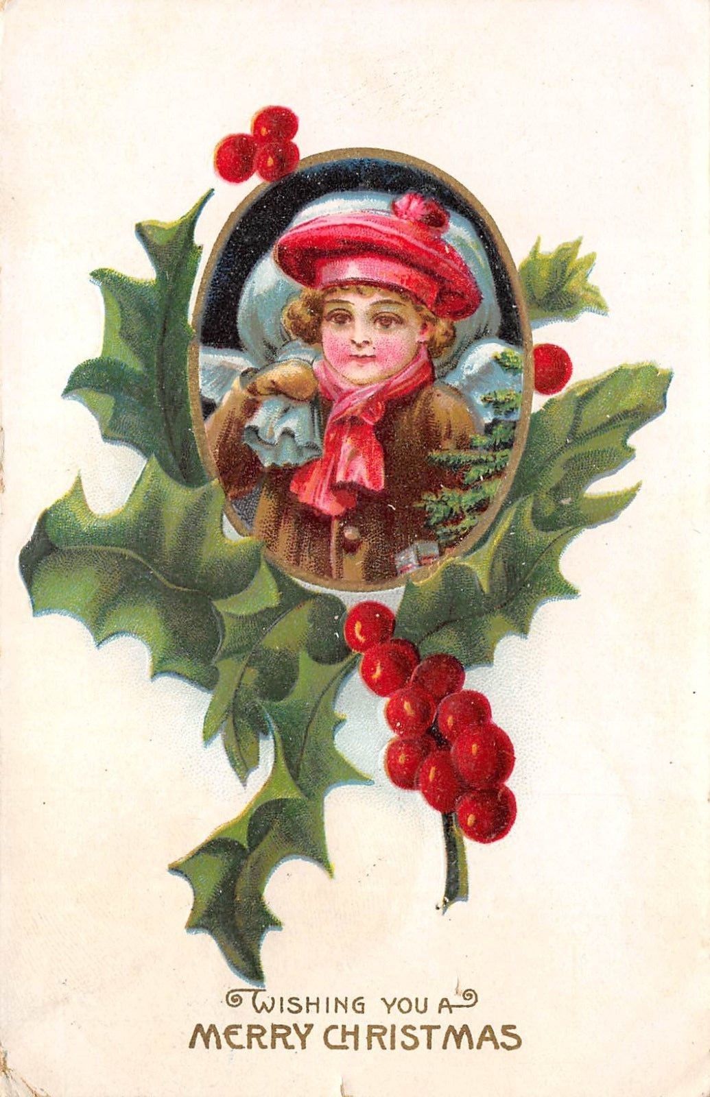 Merry Christmas 1908 Postcard Holly Girl In Hat and Scarf With Bag ...