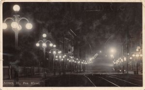 J42/ Aurora Illinois RPPC Postcard c1910 Fox Street Night Lights  341