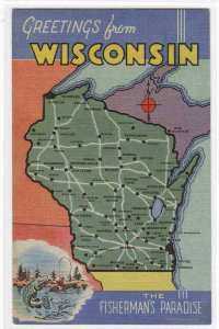 Map of Wisconsin Fisherman's Paradise linen postcard