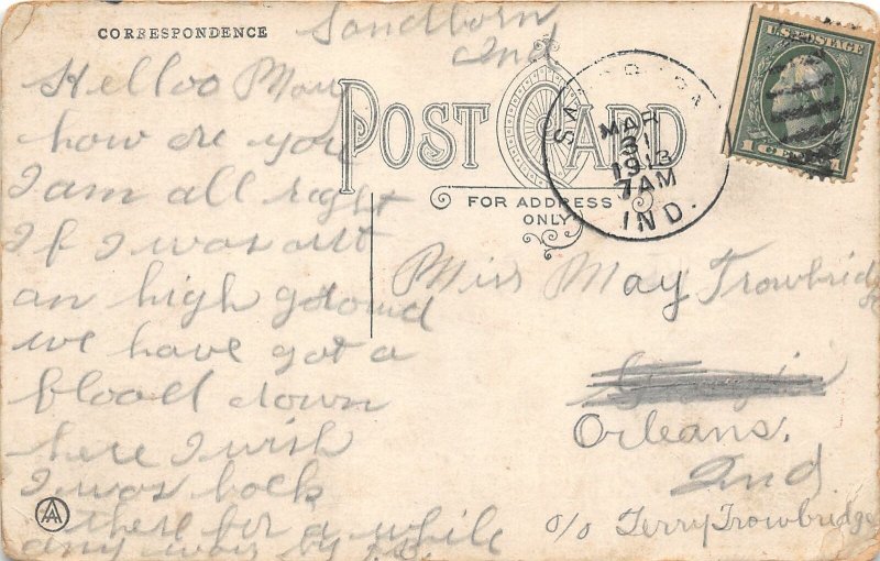 F73/ Sandborn Indiana 1913 Pennant Postcard Pays to Stop